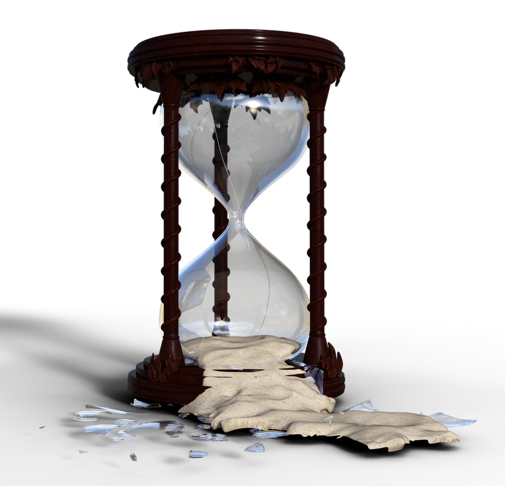 hourglass, flow of time, broken