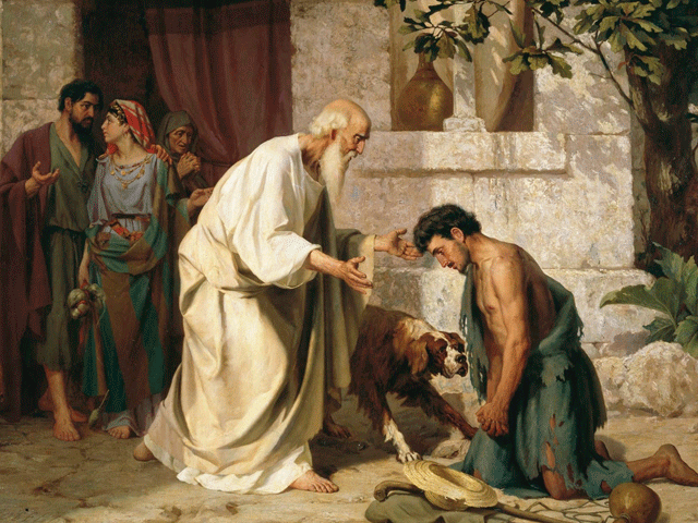 Hijo pródigo en la Biblia siendo recibido por su Padre
