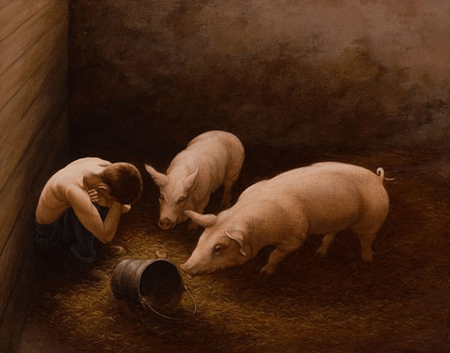 Hijo pródigo en la Biblia comiendo con los cerdos
